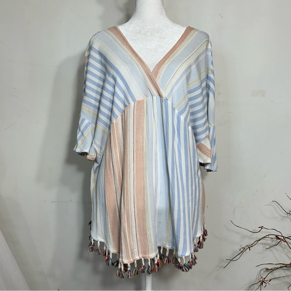 Kori Short sleeve cross over chest top with tassels